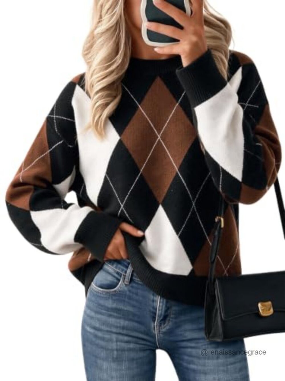 Argyle Plaid Color Block Knit Pullover Sweater Crew Neck Long Sleeve